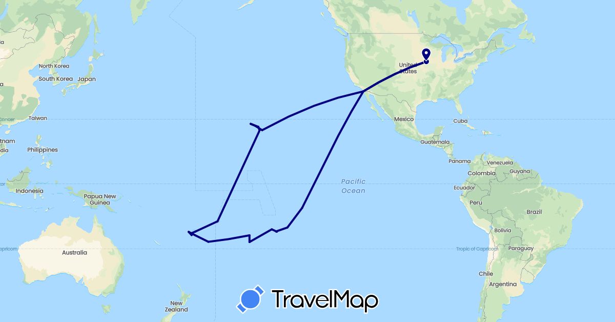 TravelMap itinerary: driving, plane in Cook Islands, Fiji, France, Tonga, United States, Samoa (Europe, North America, Oceania)
